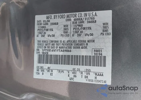 2000 Ford Ranger Xl/Xlt z USA, uszkodzony, nr VIN 1FTYR14V1YTA89866